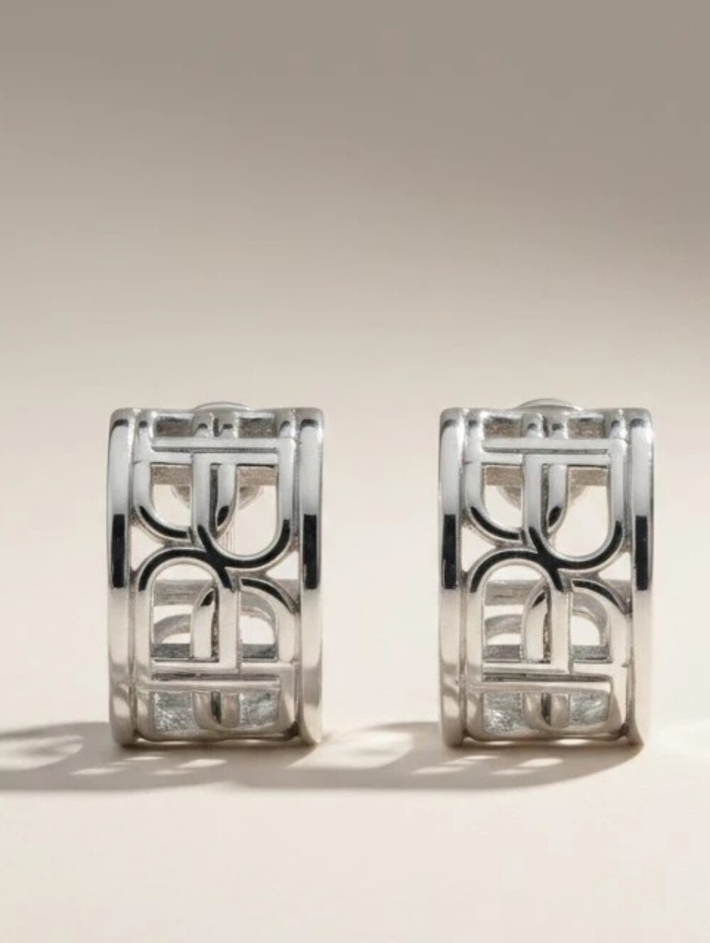 Balenciaga BB Silver Openwork Logo Mini Hoop Earrings